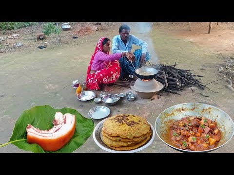 how to cook PORK MASALA GRAVY recipe by village tribal family cooking and eating with unique paratha
