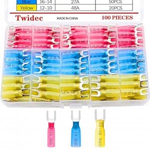 Twidec/100PCS Heat Shrink Fork Spade Connectors 22-16/16-14/12-10 Gauge #10 Waterproof Quick Splice Crimp U-Type Terminal Connectors Assortment Kit N-078-100PCS