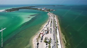 Florida. Beach on Island. Panorama of Honeymoon, Caladesi Island State Park FL. Dunedin Causeway. Summer vacation. Turquoise color of salt water. Ocean, Gulf of Mexico. Tropical Nature. Aerial Aerial