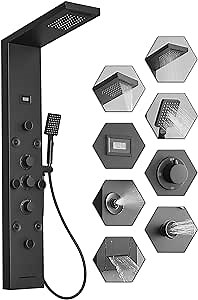 Stainless Steel Shower Panel Tower System Rain Massage System 6 IN 1 Body Spray Jets Shower Wall Panels Rainfall Waterfall Shower Head Tub Spout with Temperature Display,Matte Black