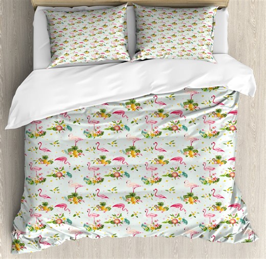 Flamingo Duvet Cover Set Queen Size, Flourishing Fresh Flowers with Pineapples and Dots Retro Style Birds Romantic, Decorative 3 Piece Bedding Set with 2 Pillow Shams, Multicolor, by Ambesonne