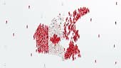 Canada Map and Flag. A large group of people in Canadian flag color...