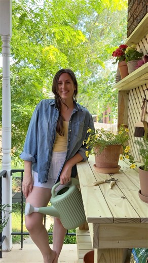 Elisha | Design & DIY on Instagram: "Our DIY gardening table🌻💛 It’s not technically *done* until I can paint it and add some arched details but I have to wait for the pressure treated wood to dry😭 What color would you paint it?! Comment “tutorial” for the cut list and plans! #pottingbench #gardentable #diywoodworkingidea #cottagestylecharm #cottagegarden"