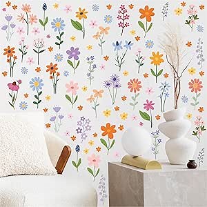 Flower Wall Decals - 8 Sheets 102 Pcs Spring Themed Wildflower Wall Stickers Peel and Stick Fairy Floral Wall Decor for Girls Bedroom Living Room Nursery Home