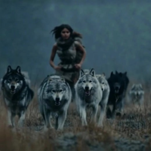 Super realistic cinematic video of a beautiful wild woman running in the woods with a pack of wolfs, cloudy gloomy. | Lon Naylor