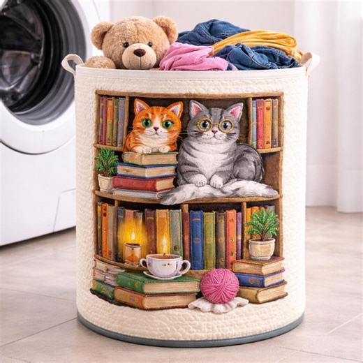 Cat Bookshelf Quilted Laundry Basket, Cute Cat Lover Hamper, Fabric Storage Bin With Teddy Bear, Cozy Home Decor Gift - Etsy