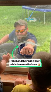 Kids hand their dad a beer while he mows the lawn 😅 | VT