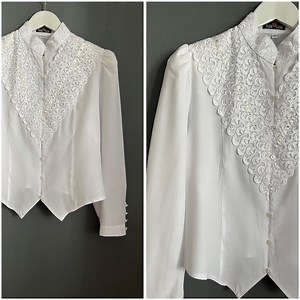 Vtg Lace Romantic Blouse White Viscose Blend Ladies Shirt Stand Collar Puffed Long Sleeve Buttoned Top Feminine Secretary Retro Vibe Sz L - Etsy