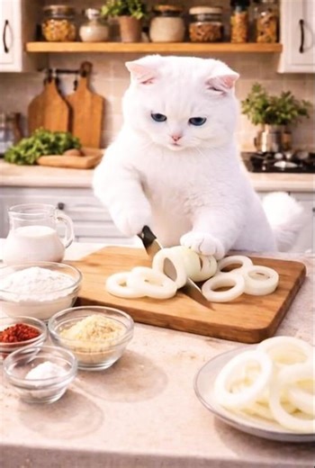 🐱🍳 Chef Cat Cooking Crispy Onion Rings 🧅✨ | Tasty Kitchen Fun! 😋🔥#ai #cooking