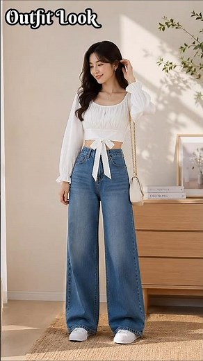 ✨ White Crop Top & Wide Leg Jeans Outfit 💙 Casual Chic Fashion Look #shorts #outfit #ootd #ootdguide