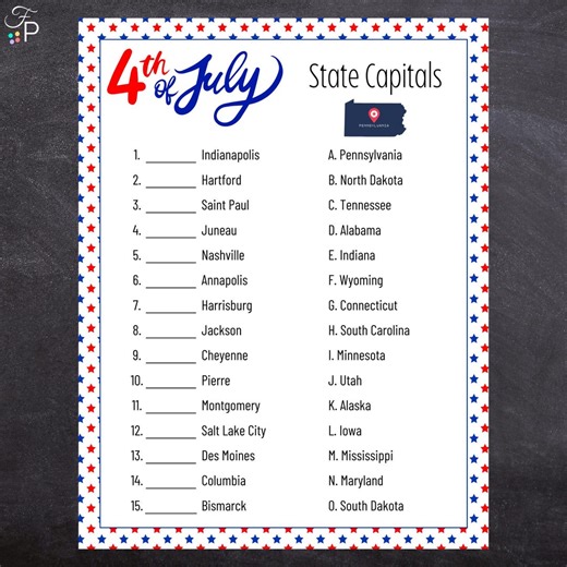 4th of July State Capital Trivia | Printable Fourth of July Game for Kids, Adults, Family | Independence Day Party Game - Etsy