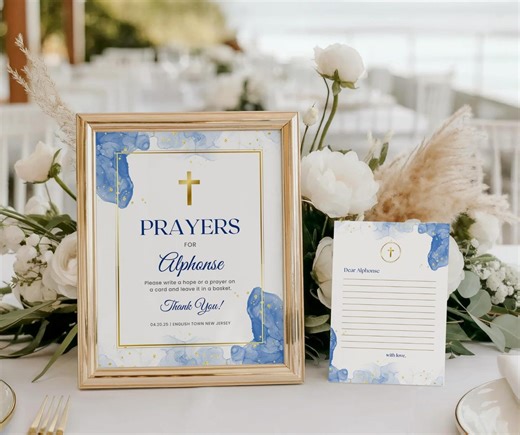 Blue First Communion Prayers & Guestbook Signs, Editable Canva Templates, Modern Minimalist Gold Cross, Table Sign Set FCI007 - Etsy