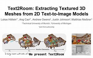 [AIGC进展，文本生成室内3D Mesh] 慕尼黑工业大学Matthias团队与密西根大学Justin团队，推出Text2Room，用文本生成室内3D场景建模