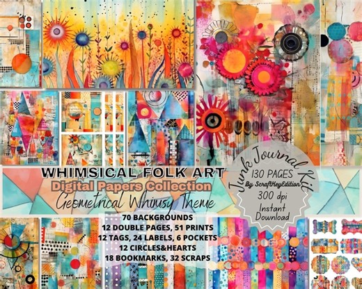Junkjournal Digit Kit Printable Pages Junk Journal Bundle Whimsical Folk Art in Watercolor Background Textures Mixed Media Scrapbook Papers - Etsy