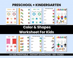 Colors and Shapes Worksheets Printable 100 Page Kids Workbook Preschool and Kindergarten Learning Activities PDF Homeschool - Etsy