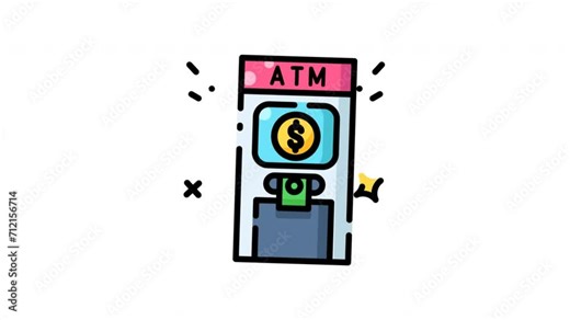 Animated ATM machine dispensing cash in a colorful, financial symbol suitable for bank advertisements, finance blogs, money management websites, and financial education materials.