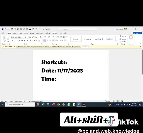 Insert Date and Time in MS Word Using Shortcut Keys