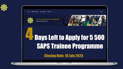 4 Days Left – #PoliceTrainees Vacancies Do not miss the opportunity to serve your community and start a meaningful career in law enforcement. The SAPS is hiring young men and women aged 18 to 35 to join as police trainees for the 2025/2026 financial year. Closing date: 18 July 2025. Apply now by visiting the e-Recruitment portal. https://erecruitment.saps.gov.za #SAPSCareers #SAPSEmployerOfChoice | South African Police Service