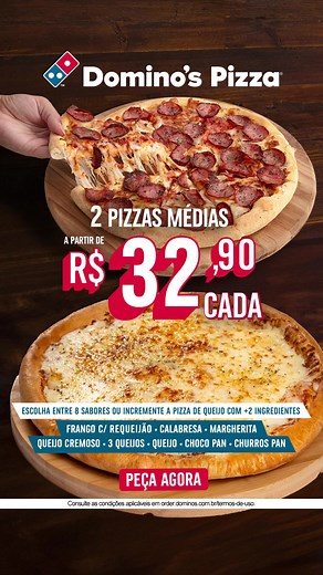 Agora você leva duas pizzas médias por apenas R$32,90 cada. Peça já!...
