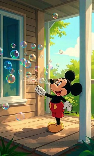 Mickey Mouse blowing bubbles with a wand on a sunny porch