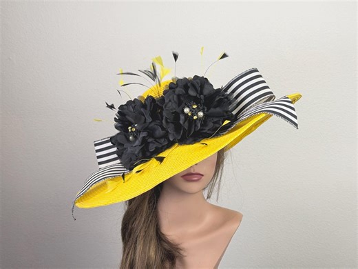 SALE Yellow Black Kentucky Derby Hat: Wide Brim Occasion Hat Wedding Church Horse Racing - Etsy