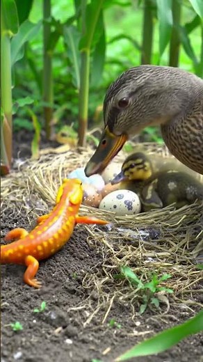 Mallard Duck Confronts Salamander Near Her Nest