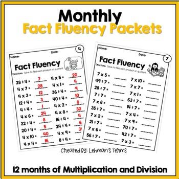 Monthly Fact Fluency Packets with Multiplication and Division
