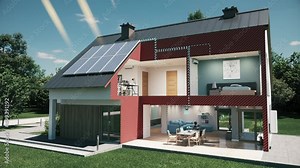House electric system diagram. Green eco friendly house concept with solar energy panel. Solar cell system diagram. 3d animation