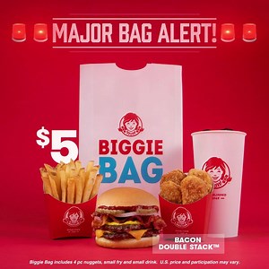 1.5M views · 1.4K reactions | The Bacon Double Stack is back in the Biggie Bag  Get it with nuggets, fries, and a drink for just $5. | Wendy's | Facebook