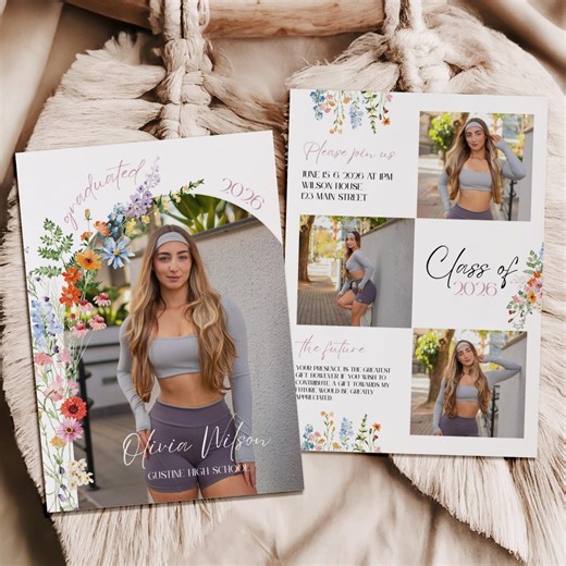 Wildflower Graduation Announcement Template, Editable Graduation Card Front & Back, Photo Graduation Invitation, Canva Graduation Design - Etsy