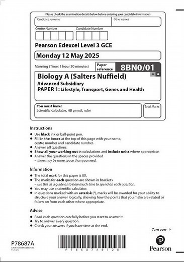 Pearson Edexcel GCE Biology A (Salters Nuffield) Advanced Subsidiary PAPER 1 (8BN0/01) MAY 2025 QP