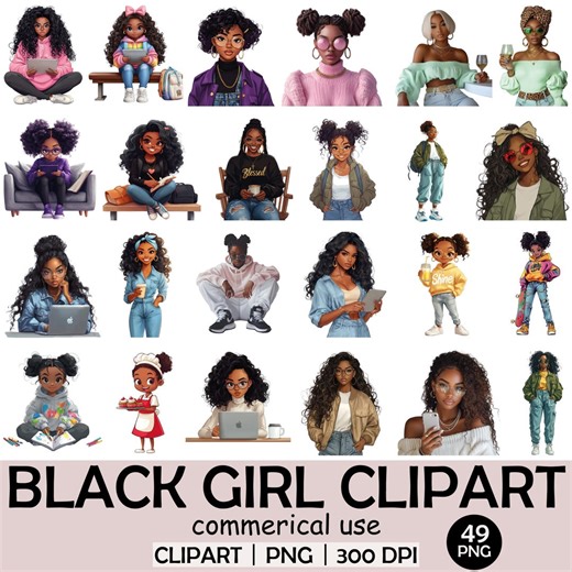 Black Girl Clipart Bundle: 49 PNG Illustrations, Commercial Use (digital Download) - Etsy