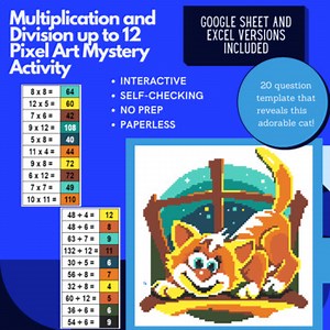 Cat in the Window Multiplication and Division to 12 Pixel Art Mystery Reveal