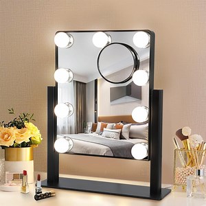 Depuley 12" Hollywood Vanity Mirror Lighted Makeup Mirror with 9 LED Dimmable Bulbs Smart Touch Control 3 Color Light, 10X Magnification 360°Rotation, Black