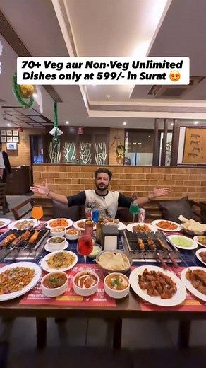 Surat Foodie on Instagram: "70+ Veg & Non-Veg Delicacies at Just ₹599! 🔥🍽️ Surat, if you’re planning something truly special for lunch — save this reel right now. Experience the perfect balance of taste, variety & quality at Barbeque Nation ✨ Enjoy an Unlimited Lunch starting at just ₹599, available Monday to Saturday across all Barbeque Nation outlets. ✨ What makes it special? • Freshly grilled unlimited starters served hot on your table • Live interactive counters with chefs in action • A fu