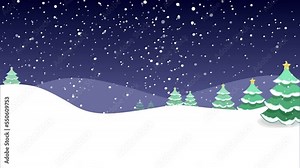 Animated Evening Natural snowing landscape with snow on the ground and Christmas trees covered with snow Background Template Design for Christmas and New Year. Snowfall Natural animated view.