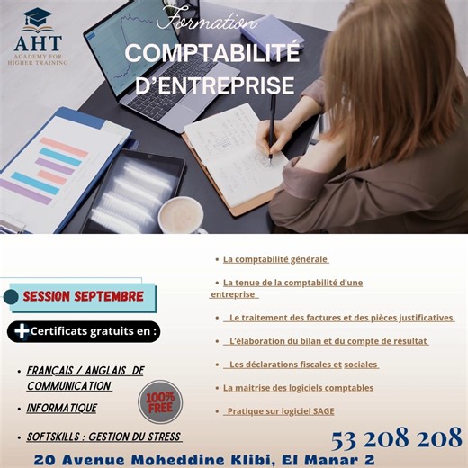 Academy for Higher Training - AHT on Instagram: "📊 Devenez un(e) expert(e) en comptabilité d’entreprise en seulement 4 mois ! 1 mois de stage pour mettre en pratique vos compétences 💼 🎓 Formez-vous avec AHT - Academy for Higher Training et bénéficiez de certificats GRATUITS en : ✅ Communication (Français / Anglais) ✅ Informatique ✅ Soft Skills : Gestion du stress 💻 Apprenez à : ✔ Gérer la comptabilité d’une entreprise ✔ Traiter les factures et pièces justificatives ✔ Élaborer bilans et compt