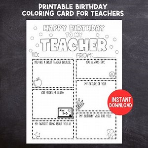 Teacher Birthday Coloring Card, Printable Kids Birthday Card for Teacher