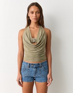 Cowl Neck Bra Halter Top in Cargo Khaki | Glassons