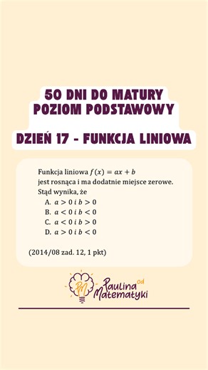 ⚡ Nie licz – pomyśl! Funkcja liniowa w głowie 🎁 DARMOWE WZORY: - do egzaminu ósmoklasisty: https://paulinaodmatematyki.com/darmowe-wzory-8klasa - do matury podstawowej: https://paulinaodmatematyki.com/wzory-spoza-tablic/ - do matury rozszerzonej: https://paulinaodmatematyki.com/darmowe-wzory-rozszerzenie/ 📚 MOJE KURSY: ✅ Program Ósmoklasisty: https://paulinaodmatematyki.com/egzamin ✅ Program Maturzysty (podstawa): https://paulinaodmatematyki.com/matura ✅ Program Maturzysty (rozszerzenie): http