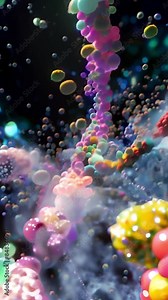 A close-up of rainbow bubbles exploding and merging in slow motion, creating a beautiful and abstract symphony of colors