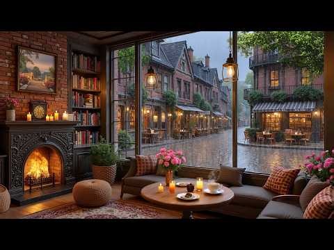 Quiet Rainy March Coffee Shop ☕ Gentle Jazz Piano, Fireplace Sounds