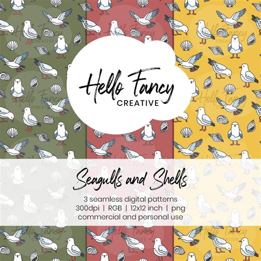 Natural Seagull & Seashell Seamless Pattern – Earthy Coastal Beach Bird Design – Neutral Fabric Download - Etsy