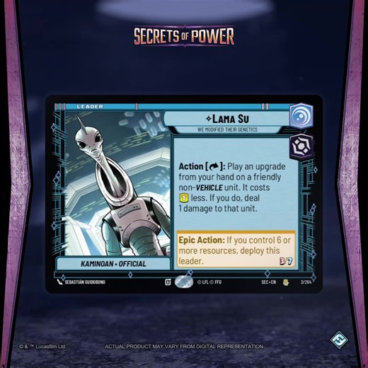 Modify your units with upgrades with a discount at the cost of one damage with the leader card Lama Su in #StarWarsUnlimited | Star Wars: Unlimited Presented by FFG