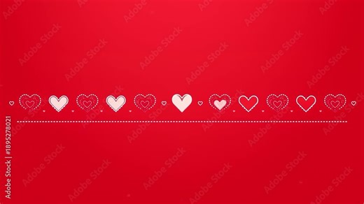 Pulsing heart row shifting highlight across studio red gradient, with dotted baseline and particles