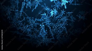 looping falling dark blue bokeh digital snowflake on black background animation. snowflakes animation with blurred bokeh for winter snow, Christmas and New year background. Snow Snowfall Snowflake
