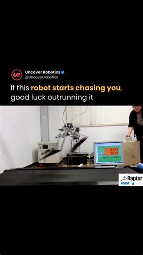 AI & Robotics on Instagram: "Raptor is a two-legged robot developed by KAIST’s Mechatronics, Systems, and Control Lab to explore the upper limits of robotic running speed. On a treadmill, it reached roughly 46 km/h, faster than elite human sprinters at peak velocity. The robot uses lightweight materials, spring-based leg mechanics, and a tail-inspired balance system to maintain stability at extreme speeds. 📡 Follow @uncover.robotics for more behind-the-scenes technology from the real robot revo