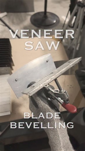 Unlike regular saws which remove wood from a kerf, veneer saw teeth are really a series of knives that cut the wood with no waste. The teeth have no set and get filed to a three way point. The first stage is forming a bevel along the side of the blade that exactly forms a knife edge along the blade. We ship the Gramercy Tools Veneer Saw sharp and ready to use. While the filing of the teeth is done by hand our little fixture for beveling the blade gives us a consistency of bevel that doing by han