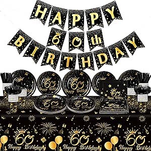 TaoBary 170 Pieces 60th Birthday Party Supplies Disposable Dinnerware Set with Plates Napkins Cups Banner 60th Birthday Tablecloth Black and Gold Party Decoration for Men and Women, Serves 24