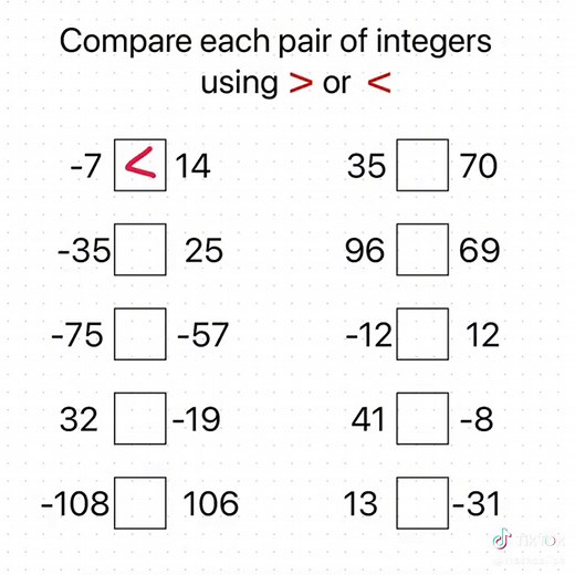 Compare each pair of integers using > or